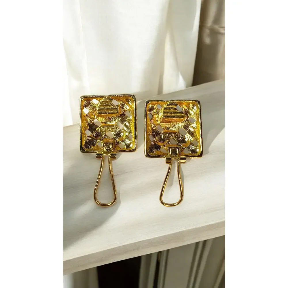 Liz Claiborne Basket Weave Gold Clip Earrings Square Textured Statement